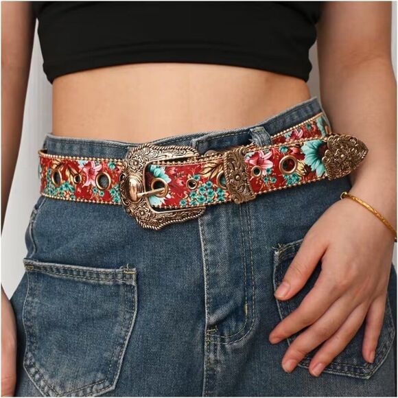 Accessories - Vintage Style Floral Western Belt Boho Cowgirl Gold Engraved Carved Buckle S